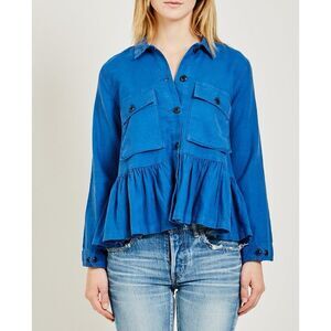 The Great. Flutter Army Jacket Utility Button Blue Cotton Linen Women's 3 Large